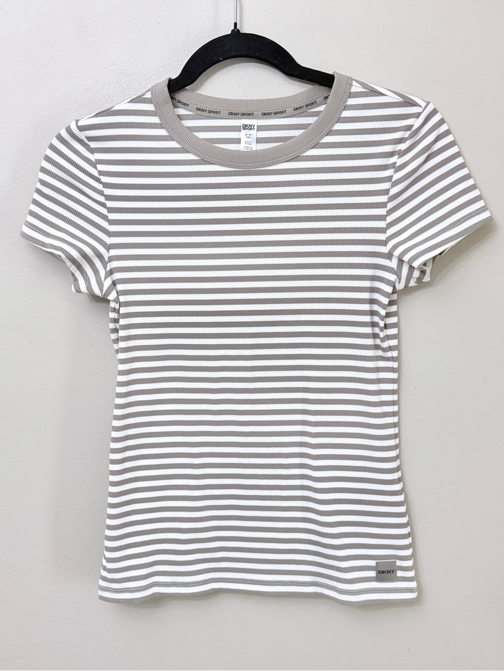 DKNY Sport Striped Ribbed Short Sleeve T-Shirt White/Taupe XS
